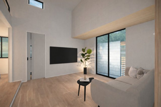 【居間・リビング】 | 城陽市寺田深谷　新築戸建 | LDKの扉はすべてハイドアに。パールグレーの落ち着いた色味が、空間にさりげない深みを与えてくれます。