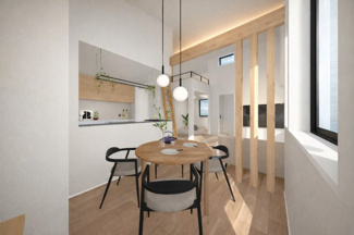 【居間・リビング】 | 城陽市寺田深谷　新築戸建 | 照明器具はシンプルなデザインで統一。
ダイニングには高さの異なるペンダントライトを２灯配置し、控えめなデザインでありながらも存在感のあるアクセントとなっています。