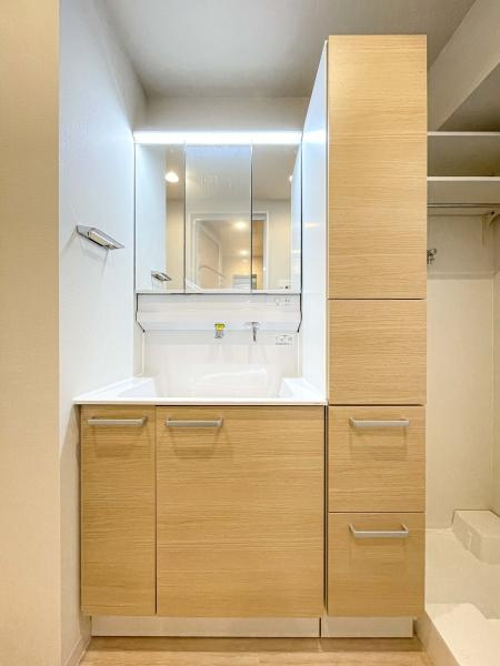 浦和針ヶ谷パーク・ホームズフィオーレの独立洗面台|TOTO製洗面台　曇り止めコート付LED三面鏡　ひろびろ洗面ボウル　