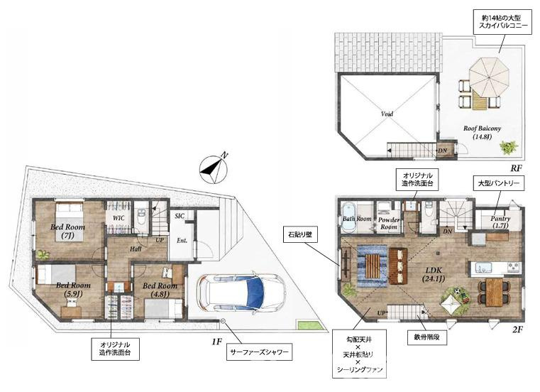 茅ヶ崎市赤羽根　新築戸建の間取り|リビング24.1帖　3LDK