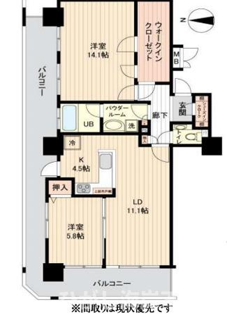 セレストタワー湘南平塚の間取り|２面バルコニー　２LDK