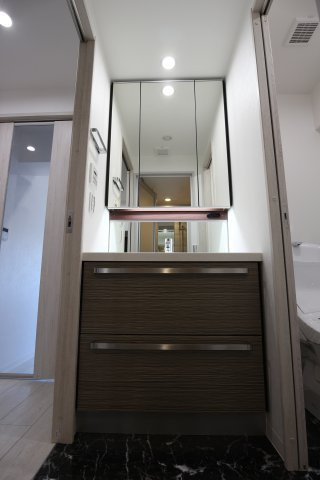 フクダ不動産八木駅前マンションの独立洗面台|三面鏡付き独立洗面化粧台。鏡裏に便利な収納あり
