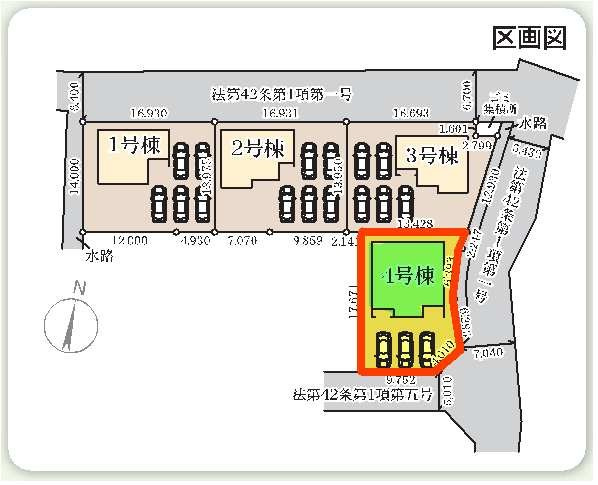 新築　高崎市箕郷町生原第７　Livele Garden.S　4号棟の区画図|4号棟　区画図　南側接道幅員約5ｍ　東側接道幅員約4ｍ

