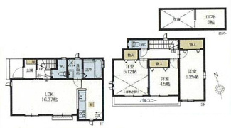 【間取り】 | 狛江市中和泉5丁目 C号棟 | 都市ガス　二部屋から行き来できる南向きバルコニー　1階掃き出し窓シャッター付　食洗器・浄水器　浴室乾燥機+窓　ロフト　洋室6.1帖上部吹抜　全居室収納　LDK16.3帖　全室南向き