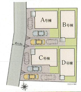 【区画図】 | 狛江市中和泉5丁目 D号棟 | D号棟　旗竿地（間口約2.6ｍ）　西側約4m公道　駐車2台（車種によります）　敷地面積30.2坪（路地状部分含む）　※共有部分あり
