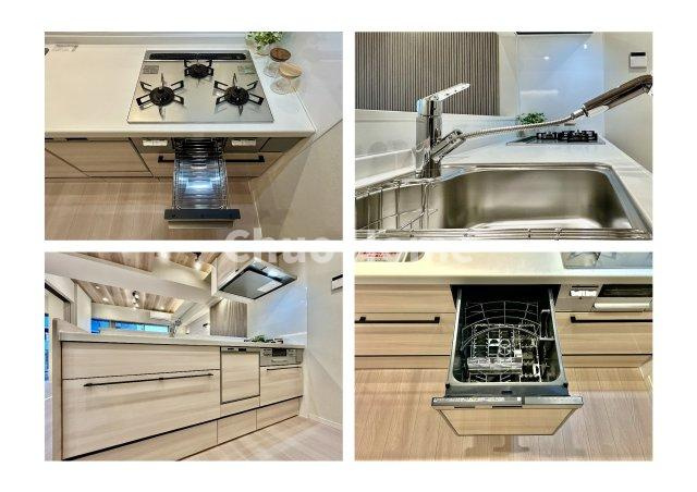 イニシア墨田押上のキッチン|【システムキッチン】ワイドで収納豊富な使い勝手の良いカウンターキッチンには、食洗器や伸縮タイプのキッチン水栓、三ツ口コンロ・魚焼きグリルなどの便利な設備が標準完備されています。