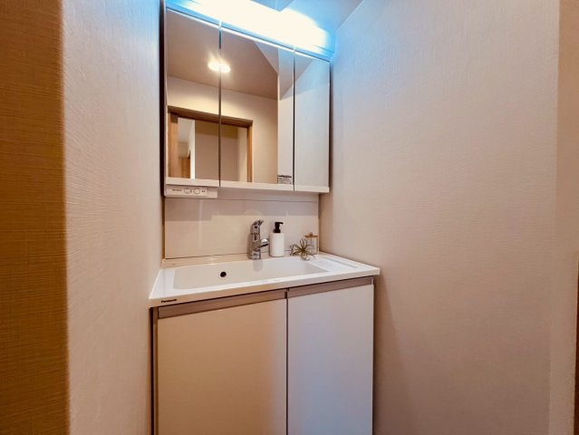 【独立洗面台】 | 世田谷区三宿２丁目　中古戸建て | 収納力に優れた三面鏡洗面化粧台で、洗面用品をすっきり整理