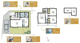 【間取り】 | 狛江市中和泉3丁目 A号棟 | 太陽光発電　都市ガス　二部屋から行き来できるバルコニー　Wロックディンプルキー　1階掃き出し窓シャッター付　食洗器・浄水器　浴室乾燥機+窓　全居室収納　洋室6.3帖上部吹抜　ロフト　LDK13帖