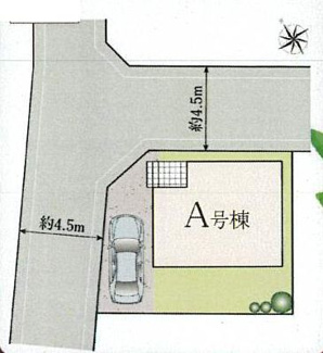 【区画図】 | 狛江市中和泉3丁目 A号棟 | 角地　北東側・北西側約4.5ｍ各公道　駐車1台（車種によります）　敷地面積25.9坪