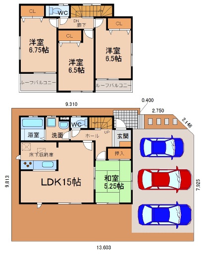 北名古屋市久地野　中古戸建の間取り|北東角地。全居室南向き。
駐車場並列３台可（車種による）