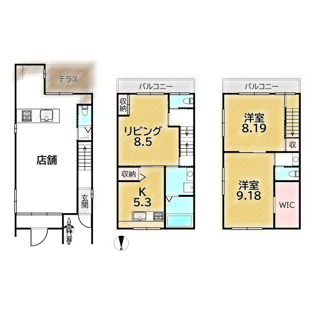 上京区西出水町 店舗付住宅の間取り