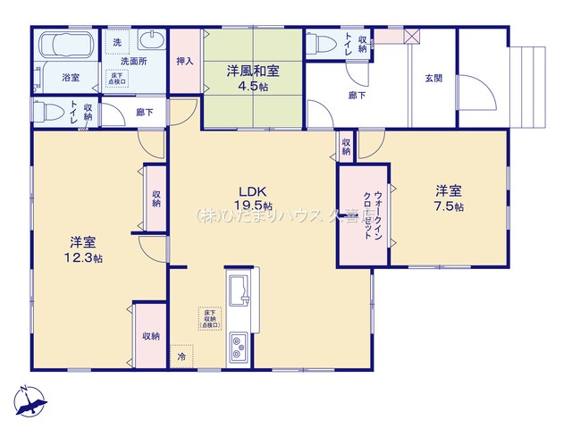 加須市日出安　新築一戸建て　01　リーブルガーデンの間取り|19.5帖の広々リビングで豊かな家族時間を過ごせます♪