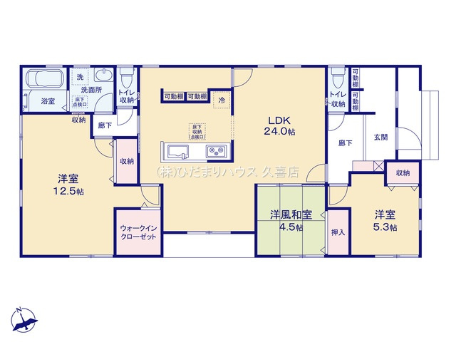 加須市日出安　新築一戸建て　02　リーブルガーデンの間取り|12.5帖主寝室はリフォームで壁を足せば2部屋として利用可能♪