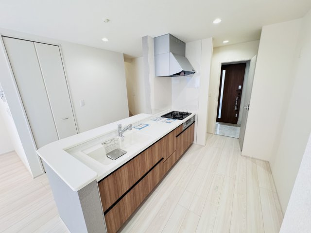 松戸市常盤平４丁目新築戸建【常盤平第二小学校：7分】のキッチン|広々システムキッチン・シンクの水栓には浄水器がついてます！