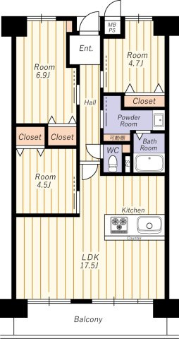 【間取り】 | ファミール北大阪パークサイド | 令和８年２月末室内改装完了済／１７.５帖の広々としたリビングルーム／エアコン全室設置可能／全居室収納有／生活便利な好立地／各所ダウンライト採用／お気軽にお問い合わせください♪