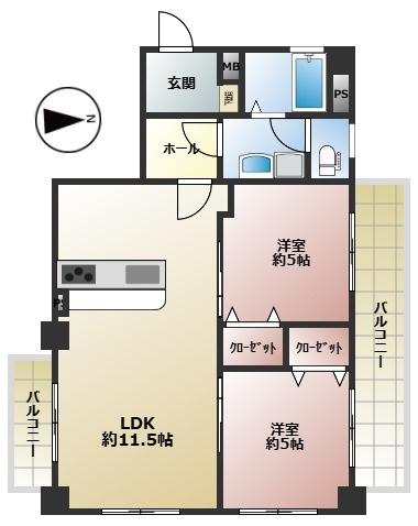 【間取り】 | ライオンズマンション野間 | 3階角部屋、広さ約49平米でお2人暮らしにピッタリの2LDK