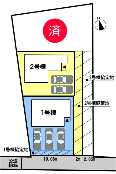 碧南市坂口町の区画図|2号棟　並列駐車2台+お庭にも駐車可能
