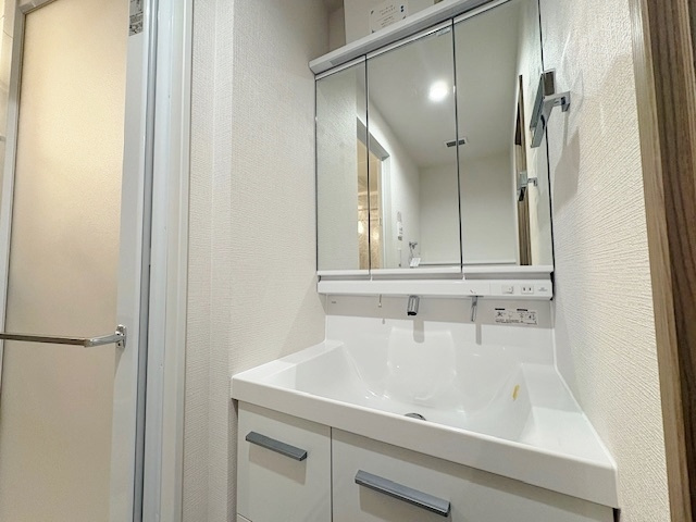 グランヴェルジェ西台の独立洗面台|使いやすい三面鏡の洗面台
鏡裏やベースキャビネットなど収納スペースもしっかり設けています