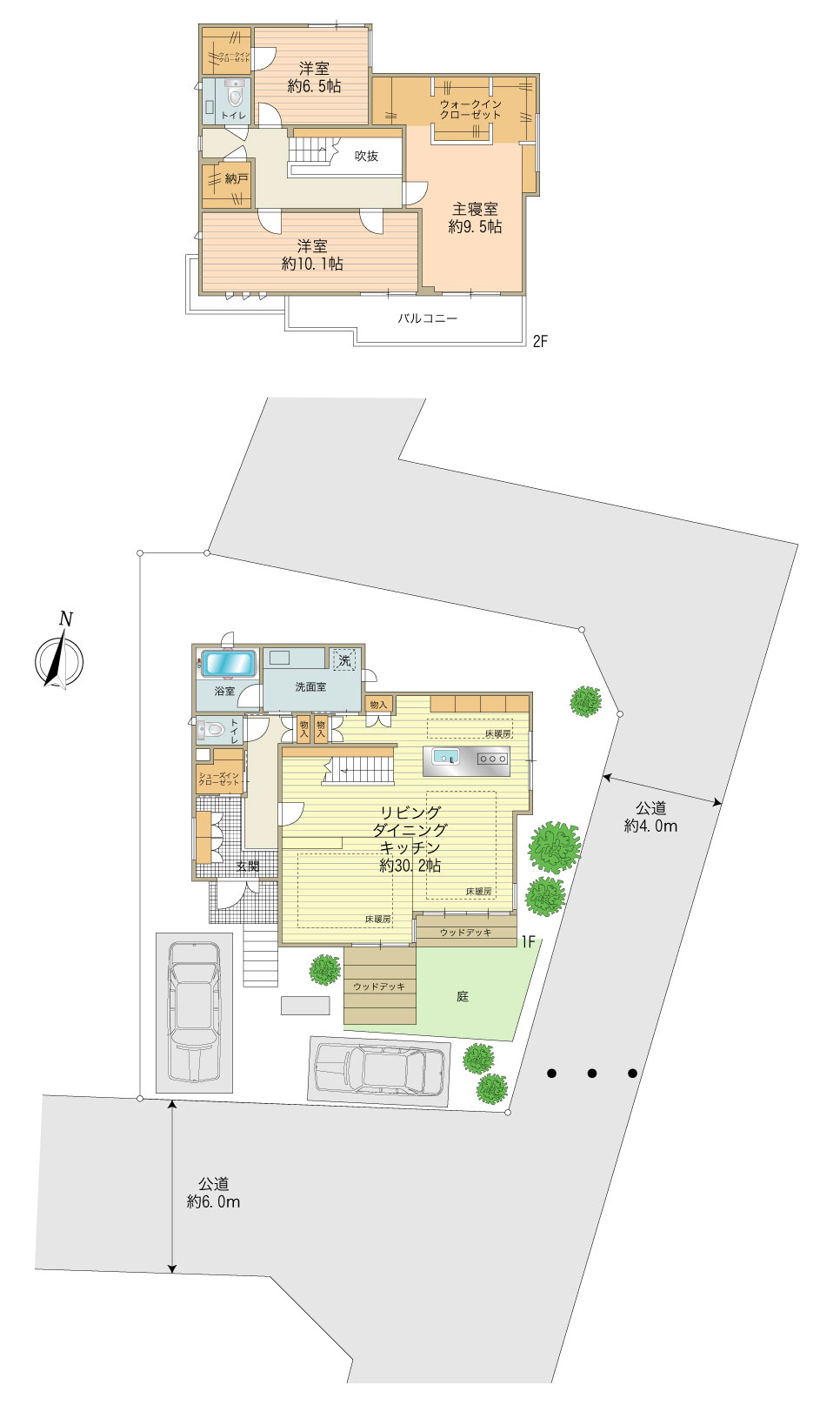 土地面積：約211㎡　建物面積：約140㎡　3方向道路に面した角地
家族が集まる広々とした1階リビングと、収納を充実させた2階の