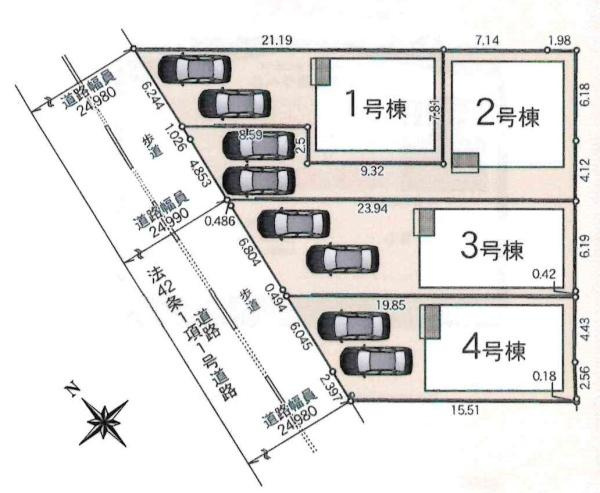 豊田市朝日町第6　全4棟・2号棟の区画図