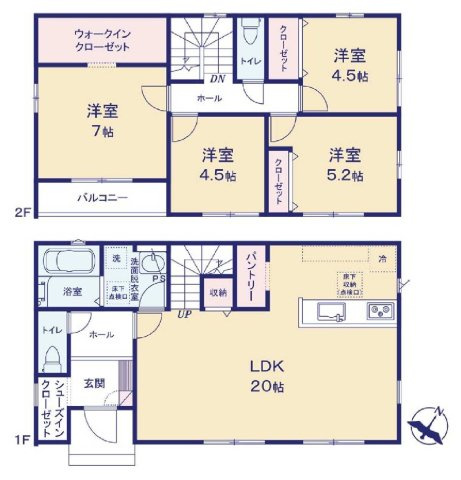 新築　佐波郡玉村町1期　2号棟の間取り|建物面積104.33㎡　広々20帖のLDK♪シューズインクローク・ウォークインクローゼット・パントリ―・各部屋収納付き！日当たりの良い広々バルコニーは気持ち良くお洗濯物が干せます！							
