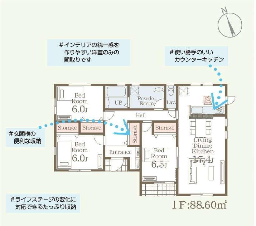 新築　伊勢崎市国定町第3　Livele Garden.S　2号棟の間取り|建物面積88.60㎡　全居室6帖以上の平屋のお家♪各部屋収納付きで便利です！