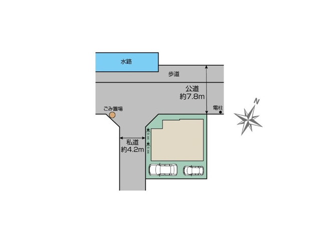 【区画図】 | 志木市上宗岡3丁目　新築一戸建住宅　全1棟　(志木本店) | 4.2ｍ～7.8ｍ道路に面した開放的な角地。
カースペース2台(車種による)のゆとりある敷地です。