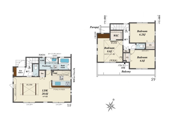 【間取り】 | 志木市上宗岡3丁目　新築一戸建住宅　全1棟　(志木本店) | 20帖の広々としたLDK。折上天井で開放感も良好です。
バルコニーには水栓が設けられているので掃除や家庭菜園にも便利。