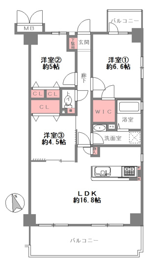 【間取り】 | 大阪城公園グリーンマンション | 南東角住戸☆【3LDK＋南西向きバルコニー☆】室内水廻り設備一新！全面リフォーム済み☆安心の新調設備保証付き☆食洗機＆浄水器・バス追炊機能・浴室乾燥機完備☆エアコン2台付き☆（洋室②・洋室③）