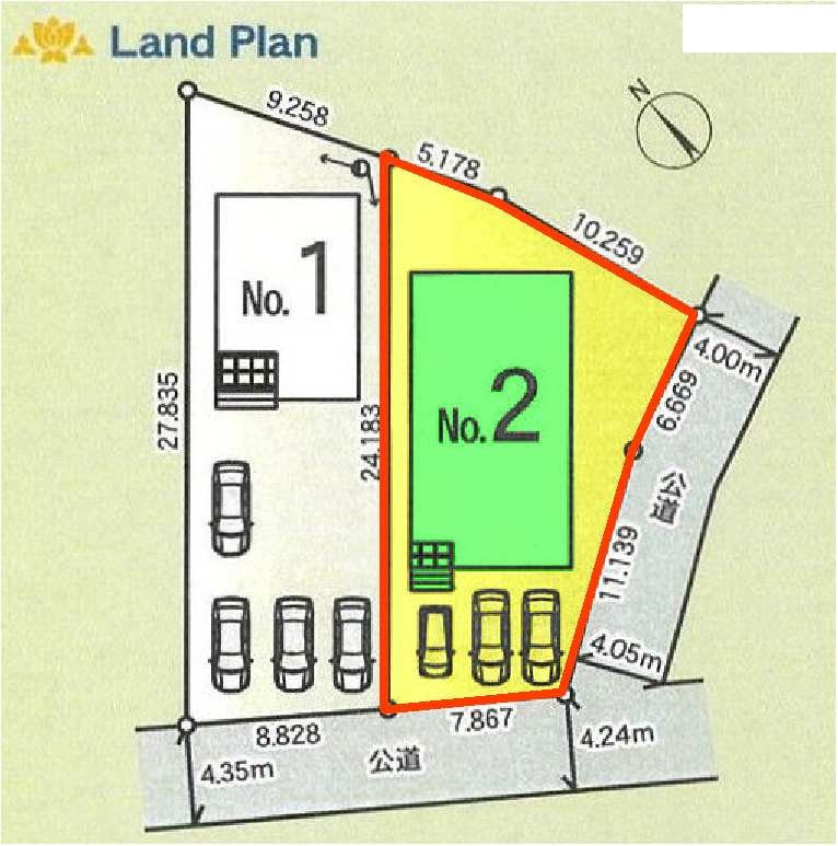 新築　桐生市広沢町第19　クレイドルガーデン　2号棟　の区画図|2号棟　区画図　南側接道幅員約4.2ｍ　東側接道幅員約4ｍ			
	
