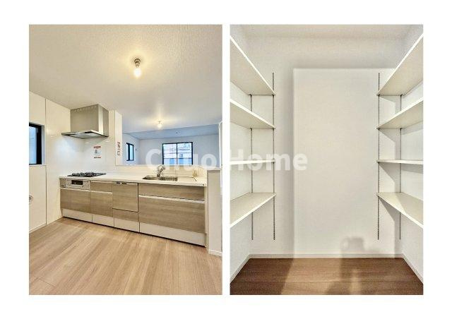 江戸川区西小松川町新築分譲住宅のキッチン|ワイドで収納豊富なシステムキッチン・横には大容量パントリー