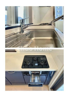 【キッチン】 | プレジール東大島 | 【キッチン水栓】キッチン水栓はシャワーヘッドが伸びますのでシンクの隅々まで届きます。【三ツ口コンロ】奥様に好評な三ツ口コンロと魚焼きグリルです。