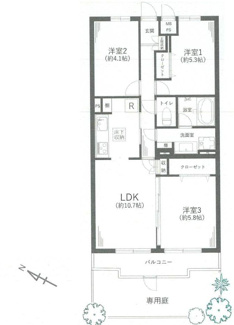【間取り】 | ライオンズマンション小田急相模原第3 | 都市ガス　専用庭　二部屋から行き来できるバルコニー　浴室乾燥機　LDK10.7帖+洋室5.8帖