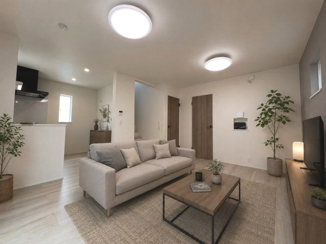 あきる野市上代継　新築戸建全1棟の居間・リビング|LDK12.8帖　※家具はCGイメージです。