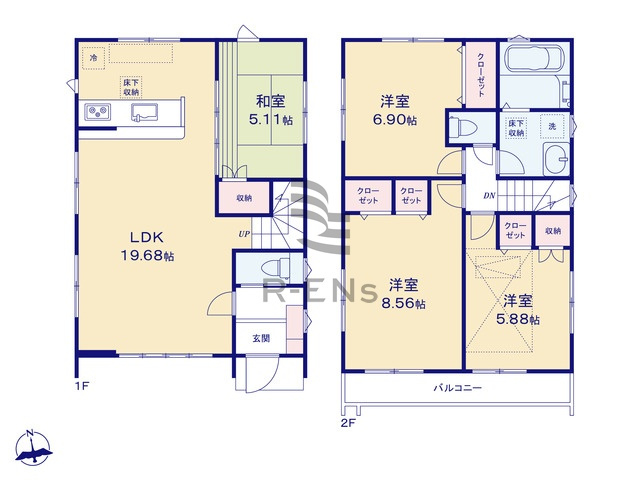 【間取り】 | 練馬区関町北３丁目　新築戸建て | 約19帖の広々LDKは、家族が自然と集まる開放的な空間