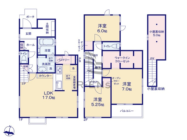 【間取り】 | 西東京市北町５丁目　新築戸建て　２号棟 | 広々リビングに、充実の各プライベート空間になってます