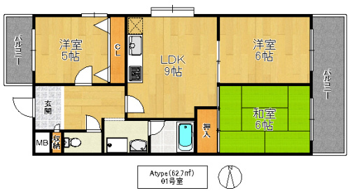 大阪市鶴見区諸口６丁目の賃貸マンションの間取り
