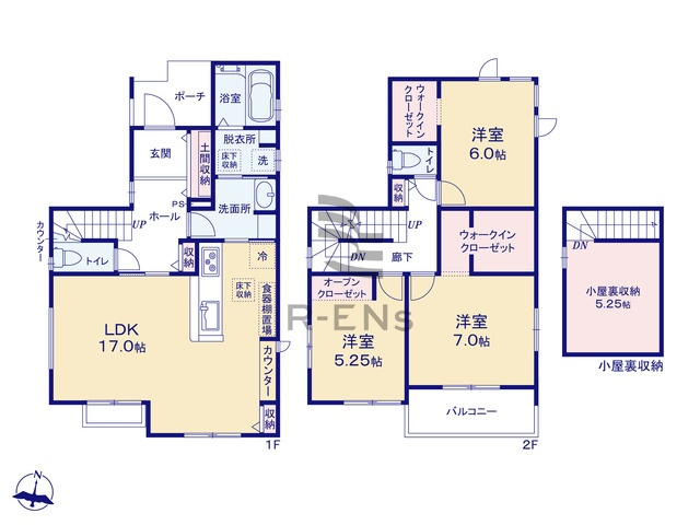【間取り】 | 西東京市北町５丁目　新築戸建て　３号棟 | 広々リビングに、充実の各プライベート空間になってます