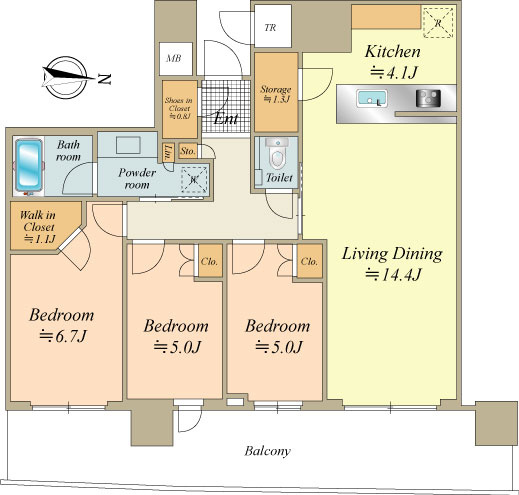 ２５階部分・東向き・80㎡を超える間取り／全居室バルコニーに面した使い勝手の良いお部屋です。