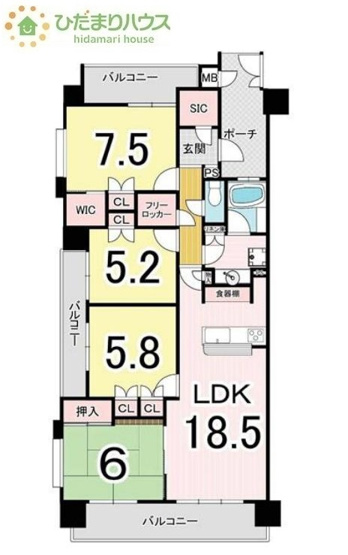 【間取り】 | エクアスつくば | 3面バルコニーなので複数の部屋から光を採りこめ、部屋中がいつでも明るく、快適に暮らすことが出来ます♪