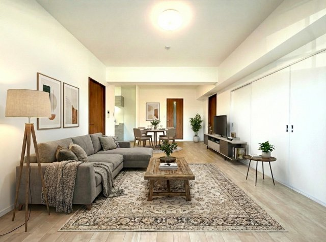 【居間・リビング】 | 【新規リフォーム】カルム宮島口 | ダイニングテーブルやテレビを設置するスペースなど、家具を配置しやすい間取り。南に面した縦長リビングは使い勝手と居心地の良さが特徴です。※家具は画像加工により配置（現況優先）