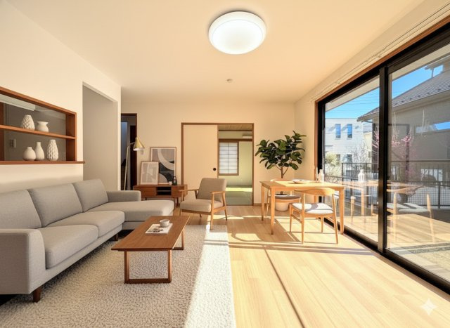 栄区野七里　中古戸建て　第1の居間・リビング|◆ご家族の会話がはずむ、開放的なＬＤＫです。休日はお陽さまの光をたっぷりととりこめるぽかぽかリビングで過ごしませんか？(家具はイメージです)