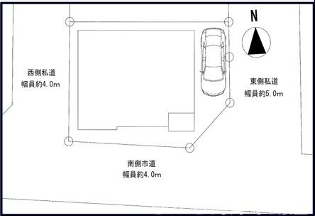 平塚市田村5丁目　中古戸建の区画図|三方向に道路が接道してます