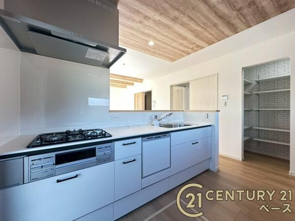 大和郡山市矢田山町 ／新築一戸建のキッチン|■現地撮影写真■収納力と使いやすさを追求したシステムキッチンです！食洗機付きで毎日の洗い物も楽々！