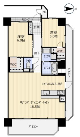 アルファライフ束本の間取り|2LDK・LDK18.5帖
家具配置のしやすいゆとりある間取り