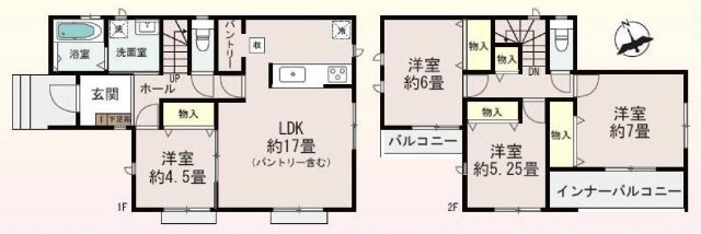 新築　高崎市筑縄町　Heartful　Town　１号棟の間取り|建物面積104.23㎡　全居室南向き♪パントリ―・各部屋収納付きで便利です！インナーバルコニーなので急な雨でもお洗濯物も安心です。