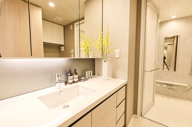 SKY DUO SUN VILLAGE T棟  34階の独立洗面台|三面鏡の収納スペースが豊富なドレッシングルームです。