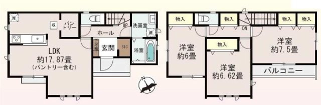 新築　高崎市若松町　Heartful　Town　１号棟の間取り|建物面積94.40㎡　全居室南向き・6帖以上♪シューズインクローク・パントリ―・各部屋収納付きで便利です！日当たりの良いバルコニーはお洗濯物もよく乾きそうです◎
						
