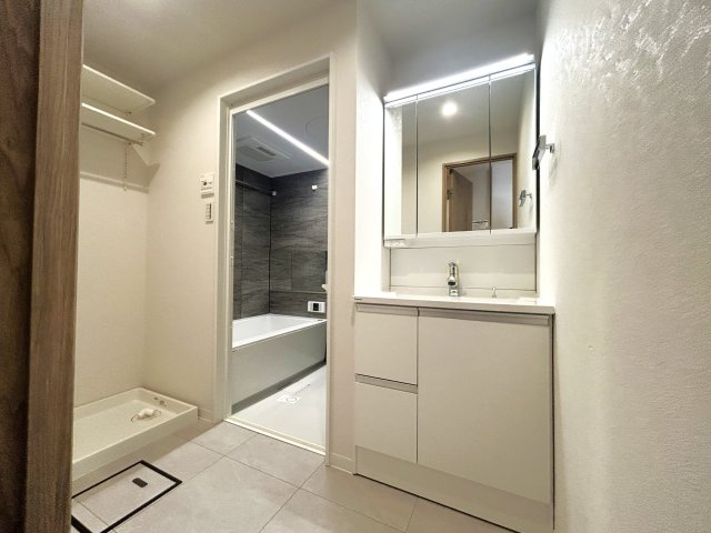 ロイヤルステージ浅草の独立洗面台|【パウダールーム】
三面鏡タイプの洗面化粧台を採用し、キャビネット収納はぎっしり色々な物を収納でき下部収納もございます。シャワーヘッドタイプを採用しておりますのでお掃除など楽々できます。