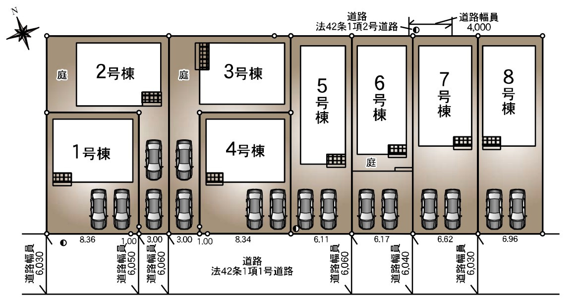 ゆとりある駐車スペース確保　全8棟分譲　王塚台第6　7号棟の区画図